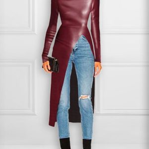 Plain Urban Turtleneck Long Sleeve Faux Leather Top, Tops, color:Crimson|size:XXL, Stylewe
