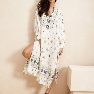 Women Ethnic V Neck Cap Sleeve Comfy Boho Midi Dress, Dresses, color:White|size:XXL, Noracora