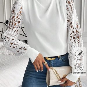 Stand Collar Long Sleeve Plain Lace Regular Loose Shirt For Women, Blouses, color:White|size:XXL, catalog Noracora shop