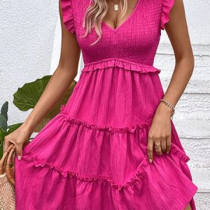 Women Plain V Neck Sleeveless Comfy Casual Short Dress, Dresses, color:Rose Red|size:XL, Noracora