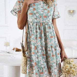 Women Small Floral Crew Neck Short Sleeve Comfy Casual Short Dress, Dresses, color:Green|size:XL, Noracora