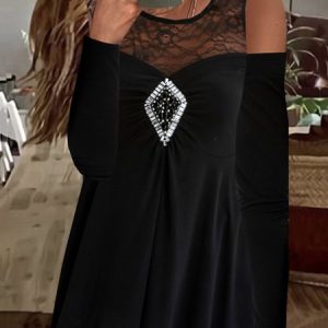 Crew Neck Long Sleeve Plain Lace Regular Micro-Elasticity Loose Shirt For Women, Blouses, color:Black|size:XXL, Noracora