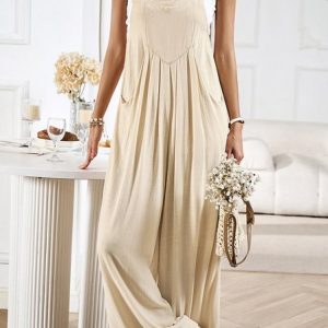 Women Gallus Spaghetti Loose Long Daily Casual Plain Jumpsuits, Jumpsuits&Rompers, color:Apricot|size:XL, Noracora