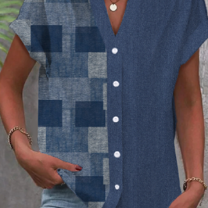 Shirt Collar Short Sleeve Plaid Regular Loose Blouse For Women, Shirts, color:Blue|size:XXL, Noracora
