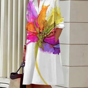 Plus Size Daily Floral Shirt Collar Casual Pocket Shirt  Dress, Plus Dresses, color:White|size:4X, Stylewe