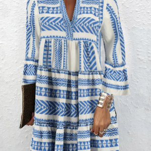 Women Ethnic Geometry V Neck Long Sleeve Comfy Casual Short Dress, Dresses, color:Blue|size:XXL, Noracora
