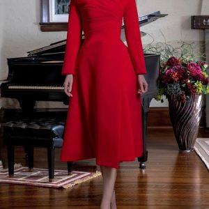 Plain Elegant Long Sleeve Midi Dress, Midi Dresses, color:Red|size:XXL, Stylewe