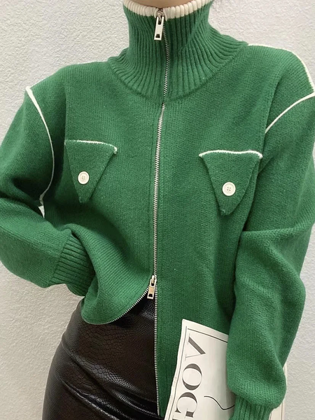 High Elasticity Turtleneck Urban Color Block Long sleeve Sweater, Pullovers, color:Green|size:XXL, Stylewe