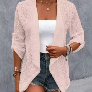 Eyelet Embroidery Roll Up Sleeve Open Front Coat, Jackets & Coats, chicme - Women's Fashion Online
