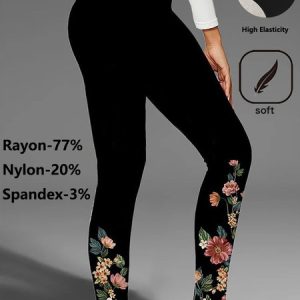 Casual Floral Long Leggings, Leggings, color:Black|size:XXL, Noracora