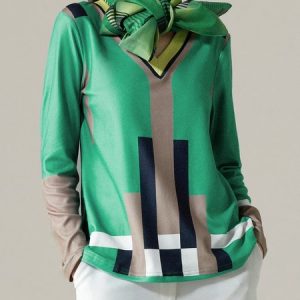 Urban Abstract Graphic Long Sleeve T-Shirt With Scarf, Tops, color:Green|size:XXL, Stylewe