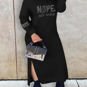 Plus Size Rhinestone Nope Not Today Pattern Hooded Sweatshirt Dress, Casual Dresses, chicme - Women's Fashion Online