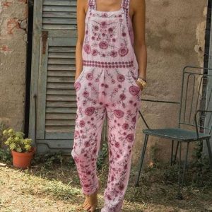 Woman Casual Sleeveless Floral Pants Overalls, Jumpsuits&Rompers, color:Pink|size:3XL, Noracora