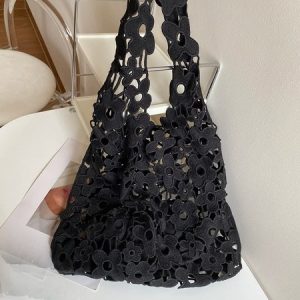 Hollow Out Floral Canvas Tote Large Capacity Foldable Shoulder Bag, Bags, color:Black|size:One-size, Stylewe