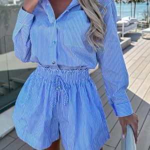 Women Striped Shirt Collar Long Sleeve Comfy Casual Top With Pants Two-Piece Set, Sets, color:Blue|size:XL, Noracora