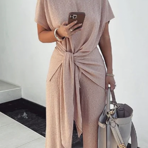 Urban High Elasticity Crew Neck Waist-Tie Loose T-Shirt, Tees, color:Apricot|size:XXL, Stylewe