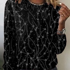 Casual Floral Crew Neck Long Sleeve T-shirt, T-shirts, color:Black|size:XXL, Noracora