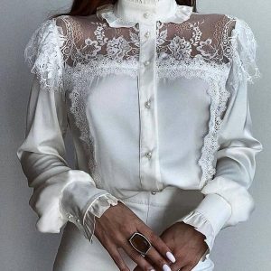 Eyelash Crochet Lace Lantern Sleeve Frill Hem Top, Blouses & Shirts, chicme - Women's Fashion Online