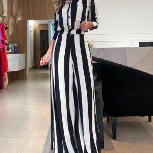 Striped Pocket Design Shirt & Wide Leg Pants Set, Two-piece Sets, chicme - Women's Fashion Online