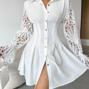 Ruched Eyelet Embroidery Shirt Dress, Shirt Dresses, chicme - Women's Fashion Online