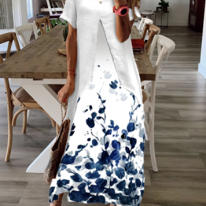 Women Floral Crew Neck Short Sleeve Comfy Casual Maxi Dress, Dresses, color:White|size:XXL, Noracora