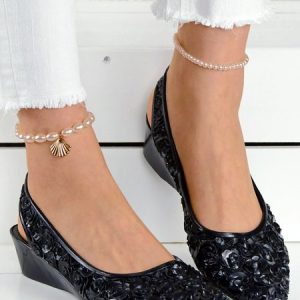 Waterproof Floral Wedge Heel Slingback Shallow Shoes, Flats, color:Black|size:40, JustFashionNow