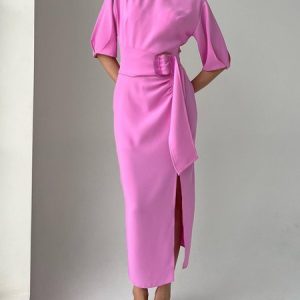Elegant Plain Crew Neck  Half Sleeve Dress With Belt, Maxi Dresses, color:Pink|size:XXL, Stylewe