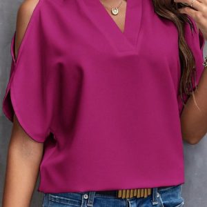 Notched Short Sleeve Plain Regular Loose Shirt For Women, Blouses, color:Fuchsia|size:XXL, Noracora