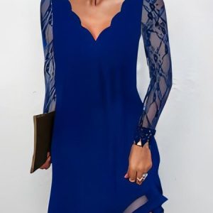 Women Plain V Neck Long Sleeve Comfy Casual Mesh Short Dress, Dresses, color:Blue|size:3XL, Noracora