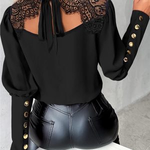 Eyelash Lace Patch Tied Detail Top, Blouses & Shirts, chicme - Women's Fashion Online
