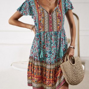 Women Ethnic V Neck Short Sleeve Comfy Casual Short Dress, Dresses, color:Sky Blue|size:XL, Noracora