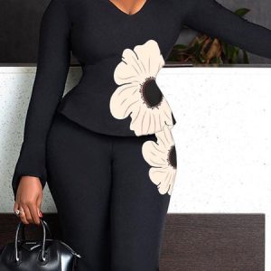 Floral Tight V Neck Urban Shirt, Blouses and Shirts, color:Black|size:XXL, Stylewe