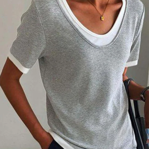 Casual Color Block V Neck Short Sleeve T-shirt, T-shirts, color:Gray|size:XXL, Noracora