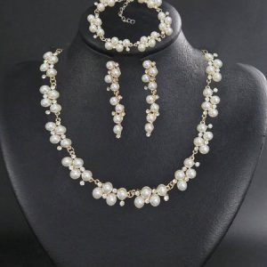 3pcs/set Elegant Imitation Pearl Luxury Jewelry Set Wedding Bridal Jewelry Accessories, Necklaces, color:As Picture|size:One-size, Stylewe