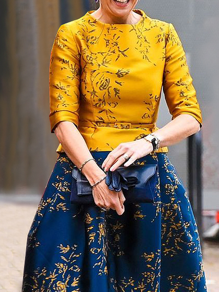 Elegant Regular Fit Crew Neck Short Sleeve Floral Shirt, Blouses and Shirts, color:Yellow|size:XXL, Stylewe