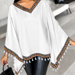 Aztec Geometric Tape Patch Batwing Sleeve Top, Blouses & Shirts, chicme - Women's Fashion Online