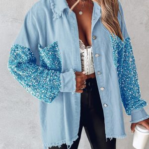 Contrast Sequin Raw Hem Shacket, Jackets & Coats, chicme - Women's Fashion Online