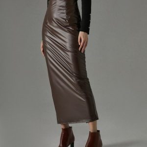 Pu Urban Regular Fit Leather Skirt, Leather Pants, color:Brown|size:XXL, Stylewe