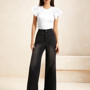 Women's Casual Plain Crew Neck Flutter-Sleeve T-shirt, T-shirts, color:White|size:XXL, Noracora