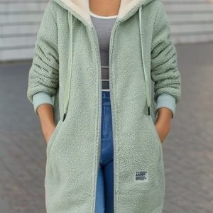 Women's Plain Fleece Loose Teddy Jacket, Coats, color:Green|size:3XL, Noracora