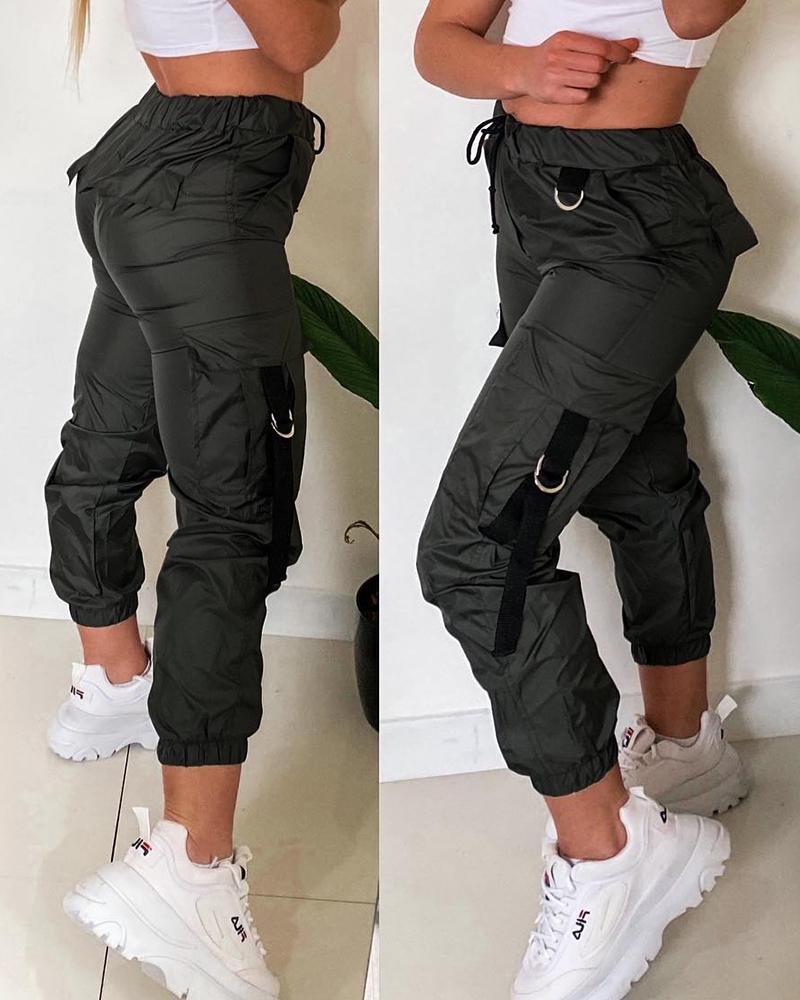 Tape Patch Pocket Design Cuffed Pants, Pants, chicme - Women's Fashion Online