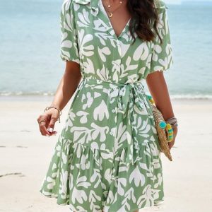 Women Leaf Shirt Collar Short Sleeve Comfy Casual Short Dress, Short, color:Green|size:XL, Noracora