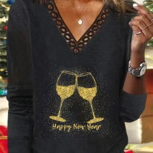 Casual Christmas Wine Glass V Neck Long Sleeve T-shirt, T-shirts, color:Black|size:XXL, Noracora