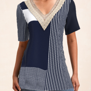 Crew Neck Long Sleeve Striped Lace Regular Micro-Elasticity Loose Shirt For Women, Blouses, color:Blue|size:XXL, Noracora