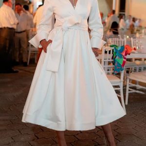 Elegant Regular Fit Stand Collar Plain Midi Dress With Belt, Midi Dresses, color:White|size:XXL, Stylewe