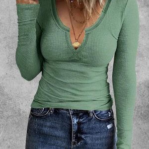 Notch Neck Long Sleeve Top, T-shirt & Tees, chicme - Women's Fashion Online