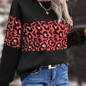 Casual Crew Neck Leopard Sweatshirt, Hoodies & Sweatshirts, color:Red|size:XL, Noracora