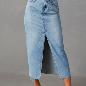 Casual Plain A-Line Natural Maxi Skirt, Skirts, color:Light Blue|size:XXL, Noracora