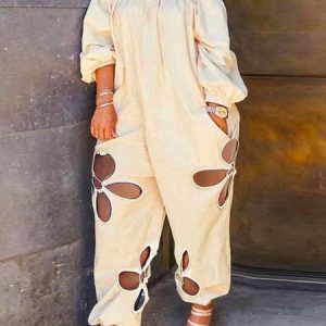 Loose Casual Cold Shoulder Linen Jumpsuit, Jumpsuits, color:As Picture|size:XXL, Stylewe