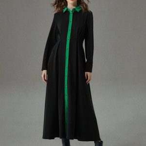 Regular Fit Elegant Color Block Long Sleeve Maxi Dress With No Belt, Maxi Dresses, color:Black|size:XXL, Stylewe